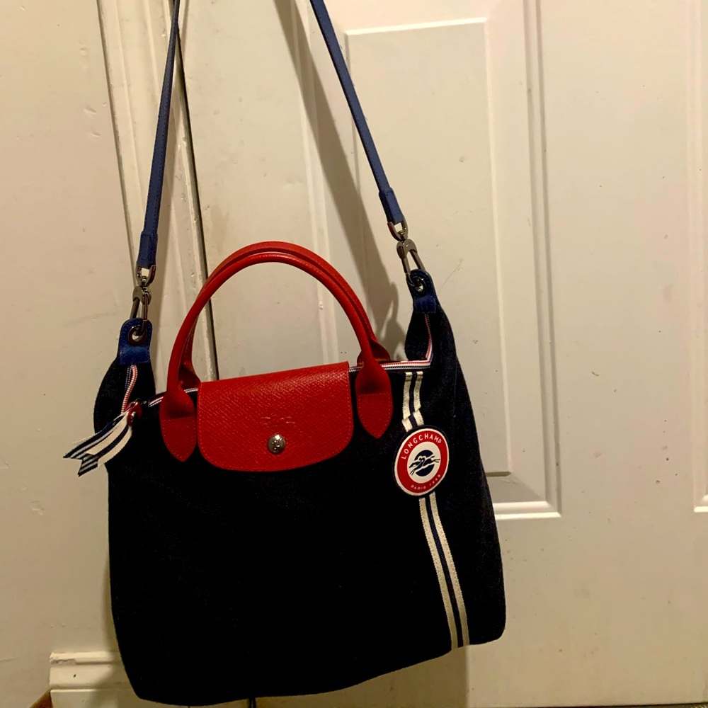 $475~LONGCHAMP~’Le Pliage Cocade’ Navy Blue Wool 2-Way Tote Bag~Rare/Limited Ed!